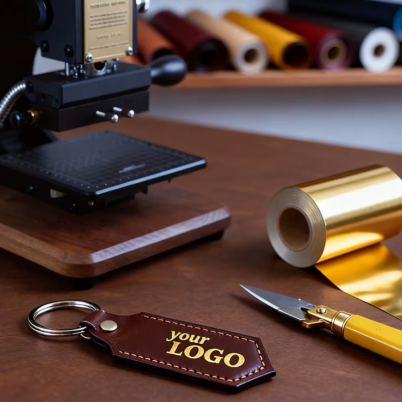 A roll of gold foil and a leather keychain stamped with a logo beside the press