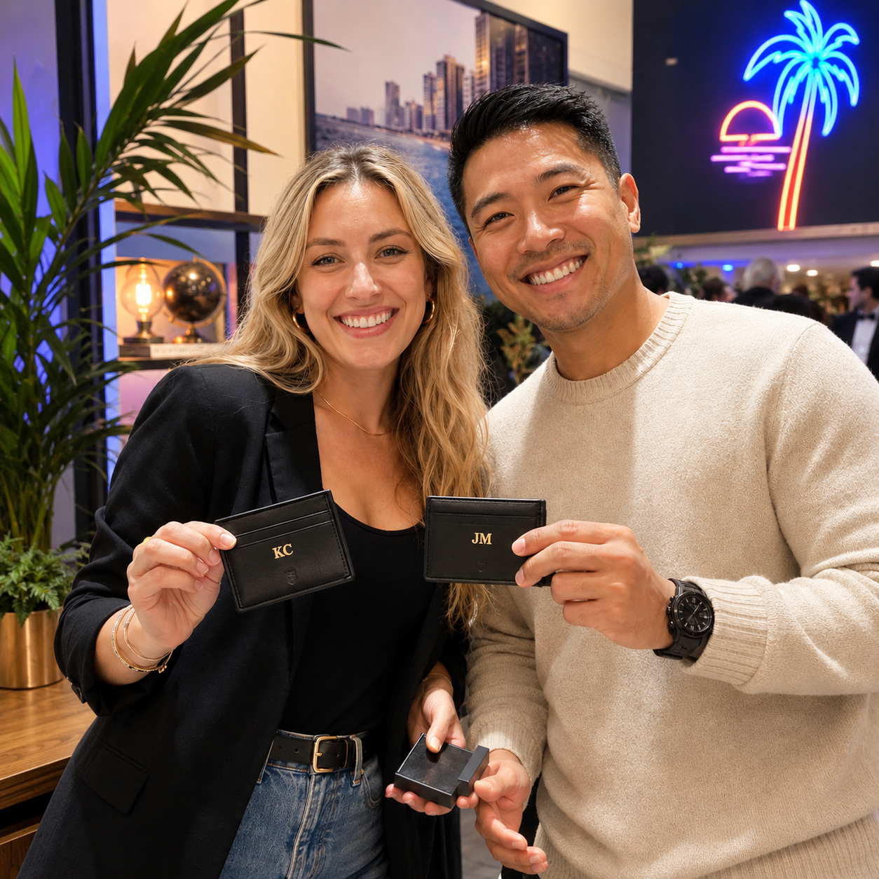 Two guests at an event holding black leather card holders monogrammed in gold foil