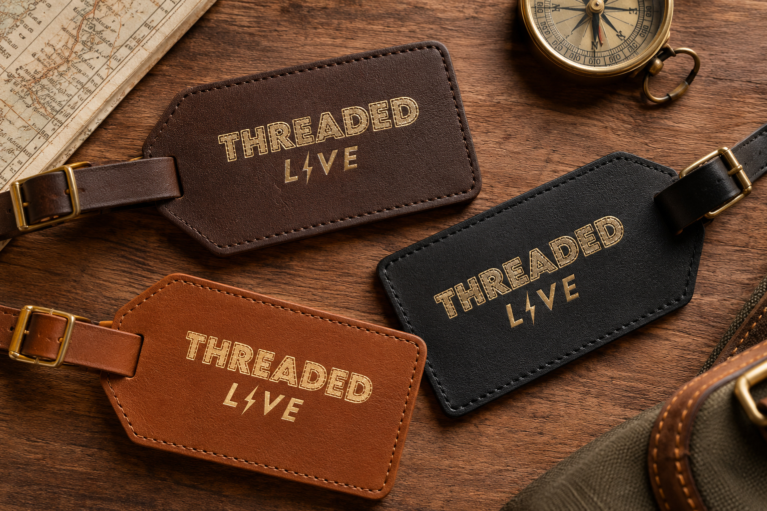 Three leather luggage tags in brown, tan and black, each hot foil stamped with the Threaded Live logo in gold