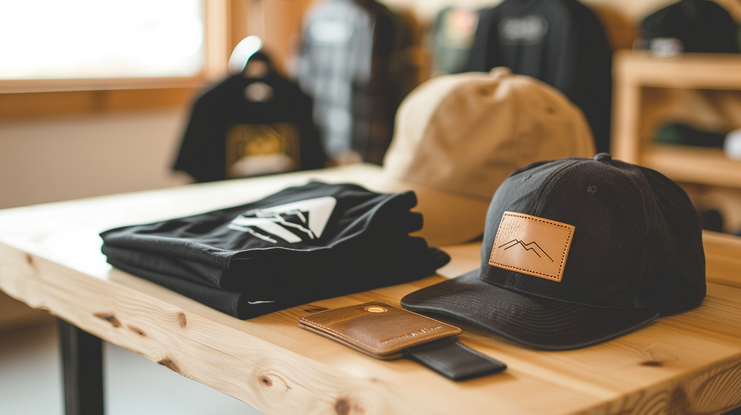 Custom printed t-shirt reading Your Brand. Your Way. Made Live. beside two patch caps and an engraved luggage tag