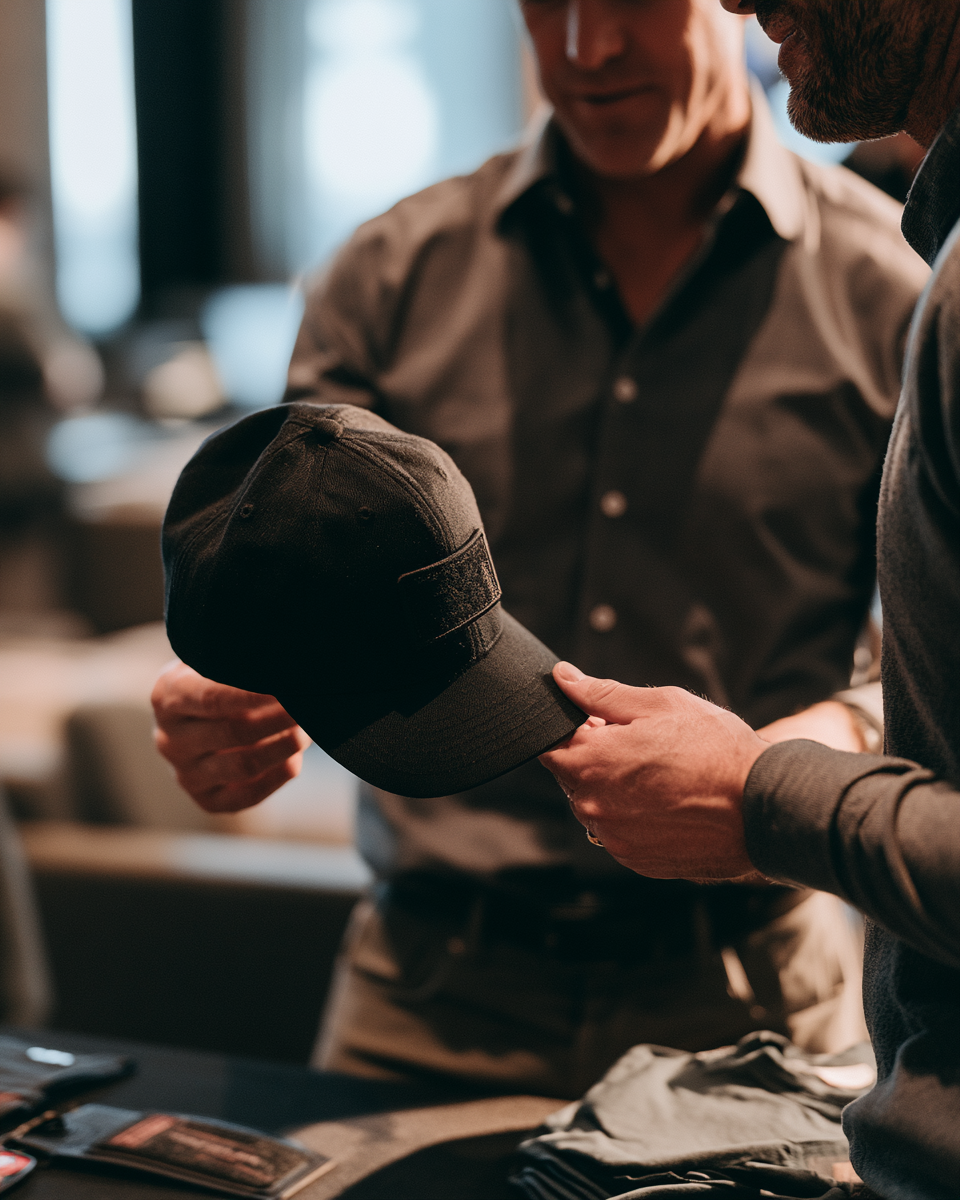 Threaded Live staff handing a freshly patched cap to a guest at a corporate conference