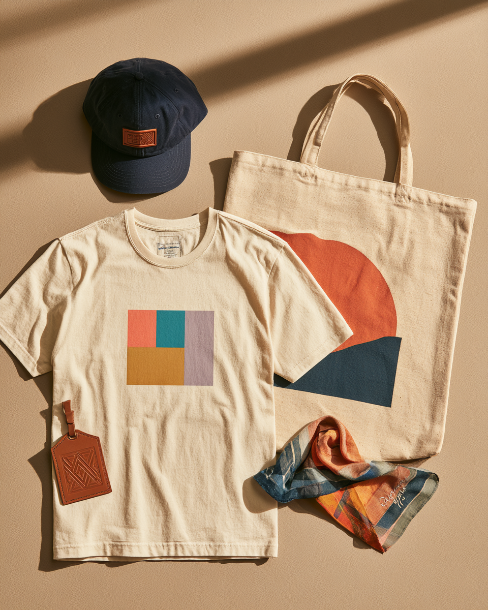 Flat lay of a custom printed tee, patch cap, canvas tote, engraved leather luggage tag and bandana