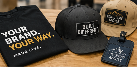 Custom tee, caps and luggage tag made live