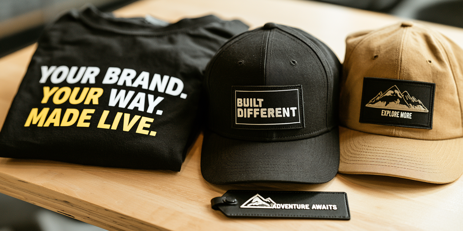 Folded custom tee, leather-patch cap and engraved luggage tag on a live customization table