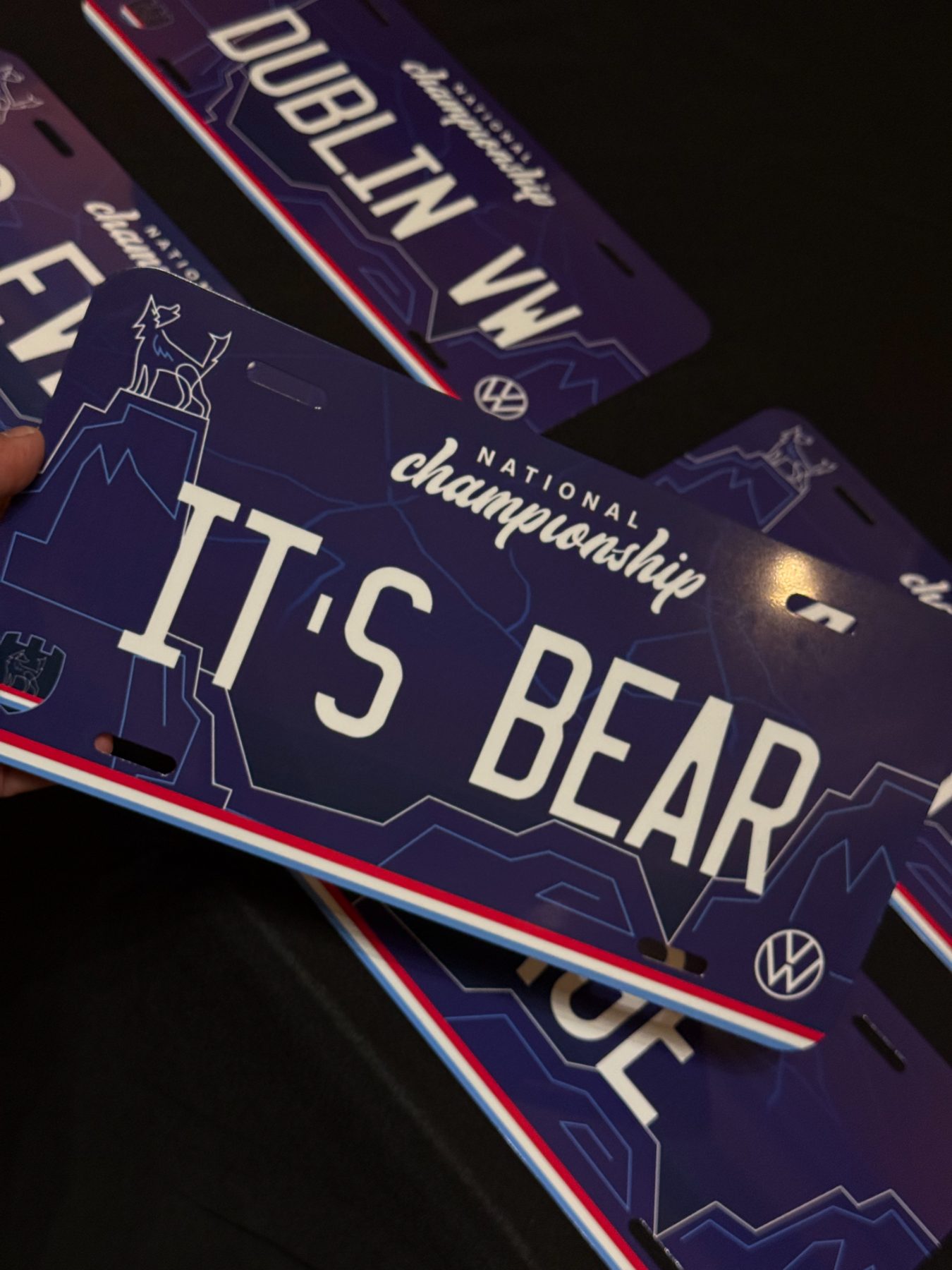 A custom Volkswagen vanity license plate reading IT'S BEAR, personalized live and stacked with other finished plates